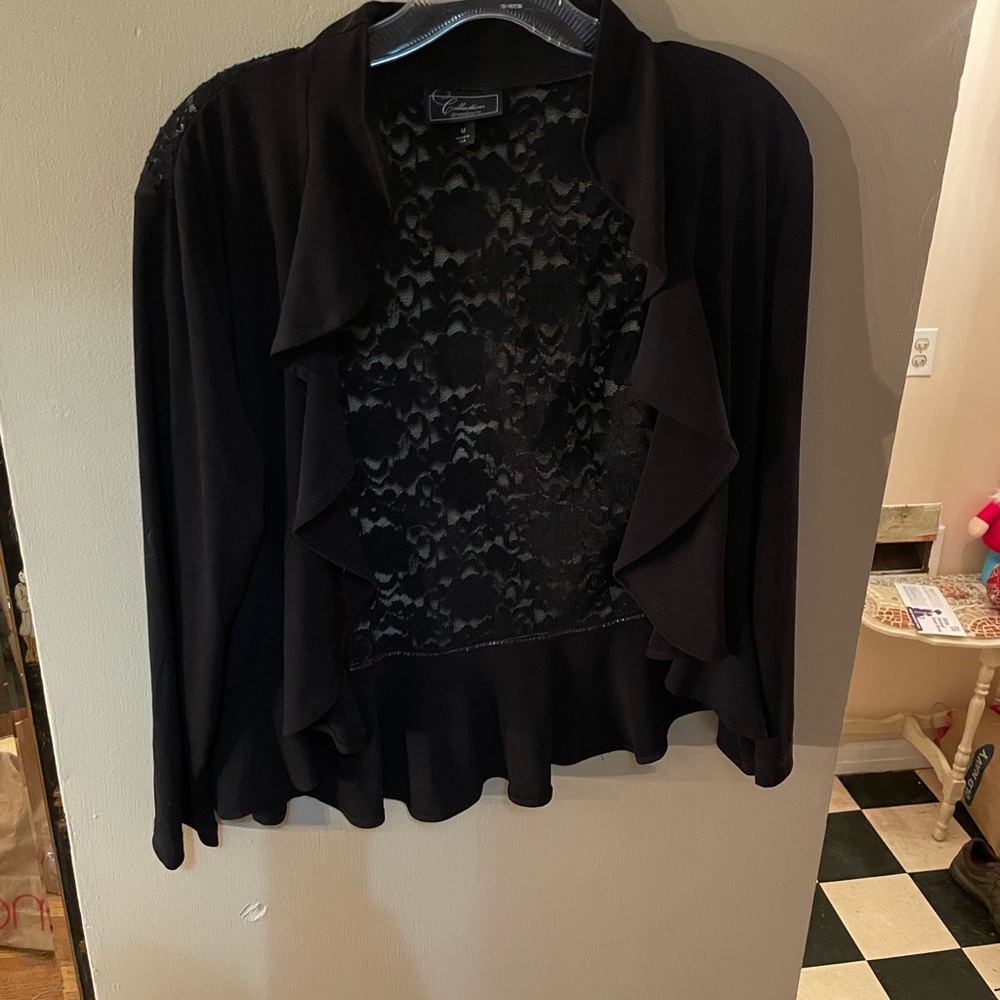 Dressbarn Black Lace Knit ruffle open front blouse